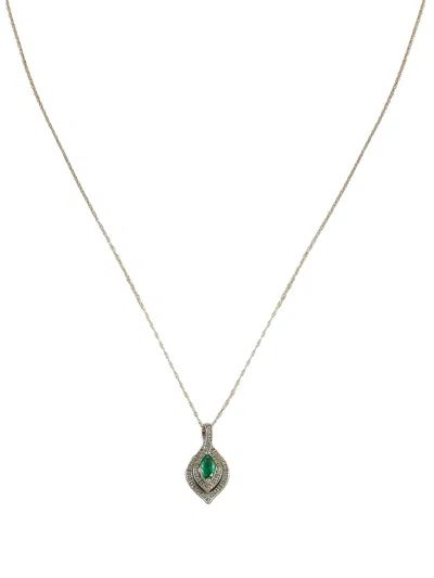 Pre-owned Lb Exclusive 14k White Gold Diamond And Emerald Pendant Necklace In Silver