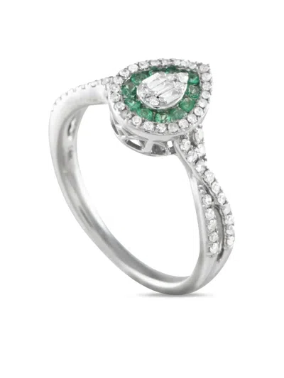 Pre-owned Lb Exclusive 14k White Gold Diamond And Emerald Ring In Silver