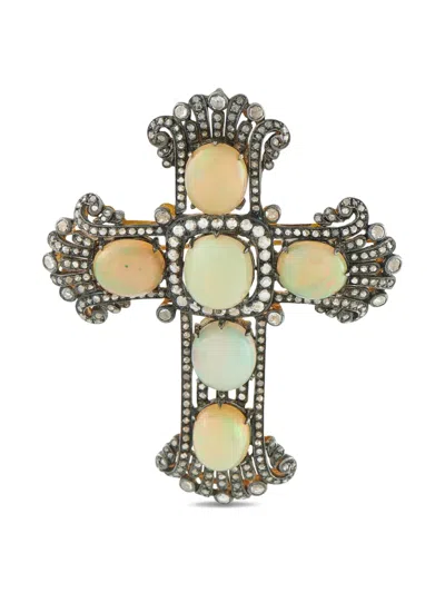 Pre-owned Lb Exclusive 14k White Gold Diamond And Opal Cross Brooch In Silver