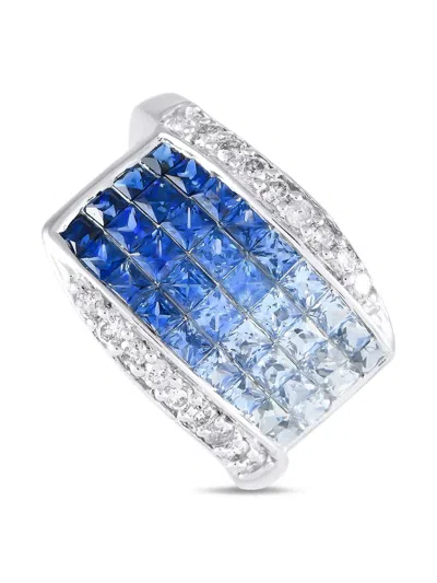 Pre-owned Lb Exclusive 14k White Gold Diamonds And Sapphires Ring In Silver