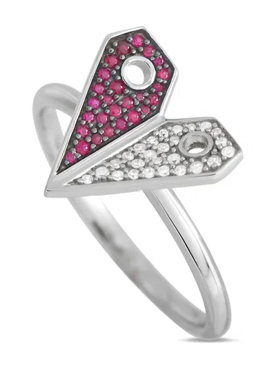 Pre-owned Lb Exclusive 14k White Gold Heart Diamond And Ruby Ring In Silver