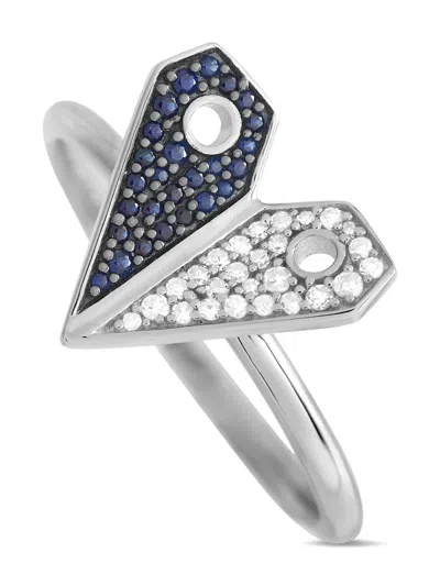 Pre-owned Lb Exclusive 14k White Gold Heart Diamond And Sapphire Ring In Silver