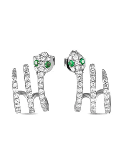Pre-owned Lb Exclusive 14k White Gold Serpent Diamond And Emerald Earrings In Silver