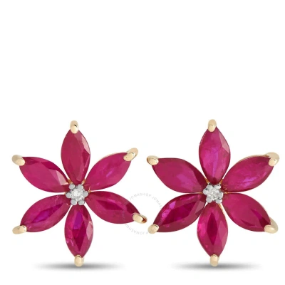 Lb Exclusive 14k Yellow Gold 0.01ct Diamond And Ruby Flower Earrings Er4 15657yru In Multi-color