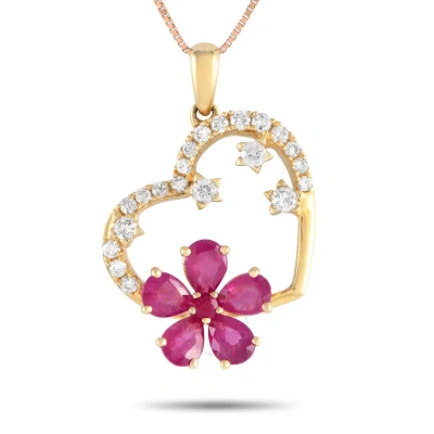 Lb Exclusive 14k Yellow Gold 0.20ct Diamond And Ruby Heart And Flower Necklace Ph4 10098yru In Multi-color