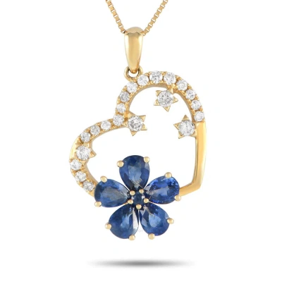 Lb Exclusive 14k Yellow Gold 0.20ct Diamond And Sapphire Heart And Flower Pendant Necklace Ph4 10098 In Multi-color