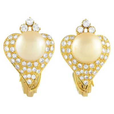 Pre-owned Lb Exclusive 14k Yellow Gold 1.50ct Diamond And Golden Pearl Clip-on Earrings