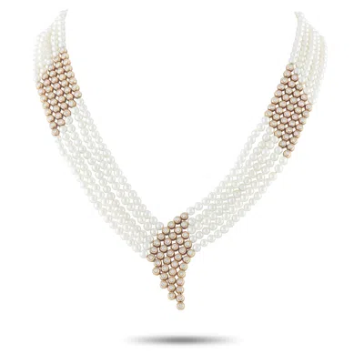 Lb Exclusive 14k Yellow Gold 3.25 Ct Diamond And Pearl Multi-strand Choker Necklace Mf24-012326 In White