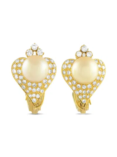 Pre-owned Lb Exclusive 14k Yellow Gold Diamond And Pearl Earrings