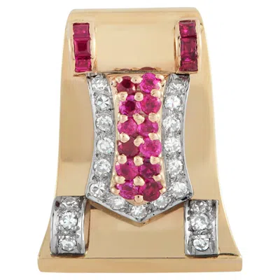 Pre-owned Lb Exclusive 14k Yellow Gold Diamond And Ruby Retro Brooch Mf01-021926