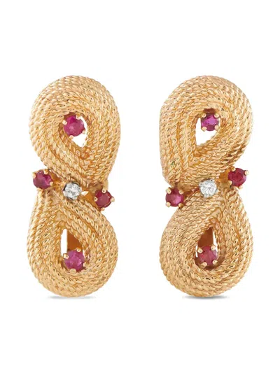 Pre-owned Lb Exclusive 14k Yellow Gold Ruby And Diamond Earrings