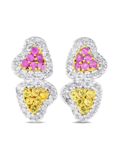 Pre-owned Lb Exclusive 14kt White Gold Heart Sapphire Earrings In Silver