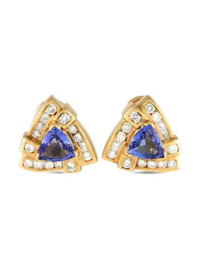 Pre-owned Lb Exclusive 14kt Yellow Gold Stud Diamond And Tanzanite Earrings