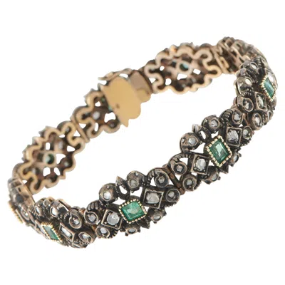 Pre-owned Lb Exclusive 18k Rose Gold And Silver Diamond And Emerald Bracelet Mf57-021826 In Red
