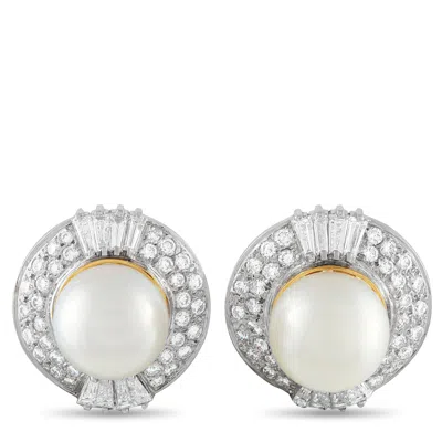 Lb Exclusive 18k White And Yellow Gold 4.25 Ct Diamond Pearl Earrings Mf17-012726 In Metallic