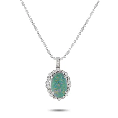 Lb Exclusive 18k White Gold 0.20ct Diamond And Opal Pendant Necklace Mf02-041326 In Green