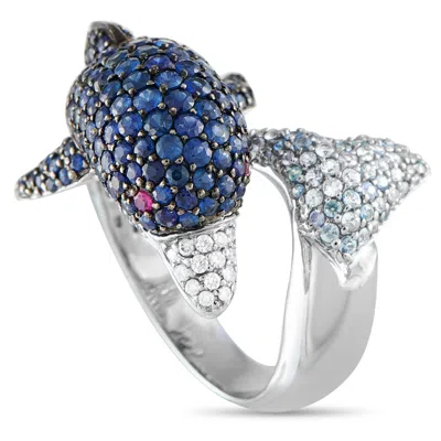 Lb Exclusive 18k White Gold 0.22ct Diamond And Sapphire Dolphin Ring Mf08-072325
