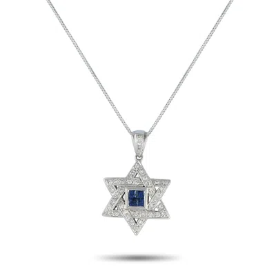 Lb Exclusive 18k White Gold 0.33ct Diamond And Sapphire Star Of David Pendant Necklace Mf01-082125 In Metallic