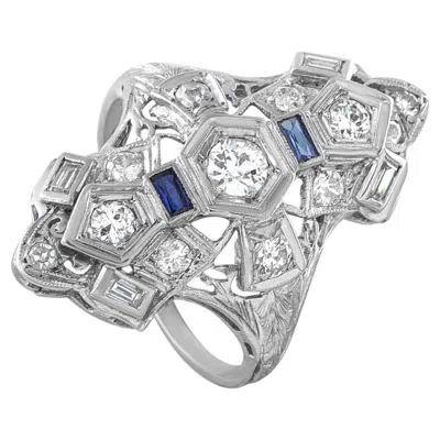 Pre-owned Lb Exclusive 18k White Gold 0.55ct Diamond And Sapphire Art Deco Ring Mf10-063026