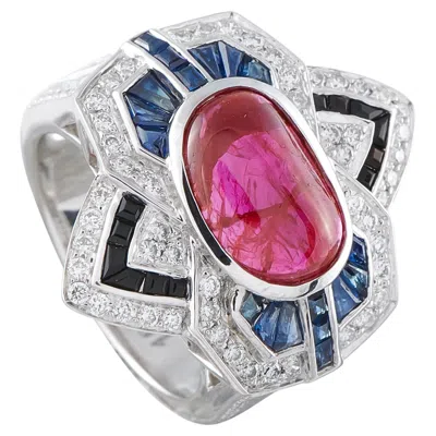 Pre-owned Lb Exclusive 18k White Gold 0.88ct Diamond, Ruby And Sapphire Geometric Cocktail Ring