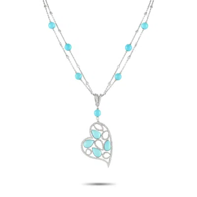 Lb Exclusive 18k White Gold 1.05ct Diamond And Turquoise Heart Necklace Mf07-080425 In Multi