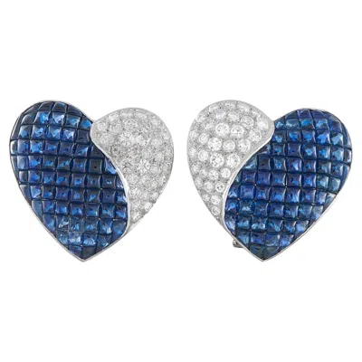 Pre-owned Lb Exclusive 18k White Gold 1.75ct Diamond And Sapphire Heart Clip-on Earrings Mf08-050726