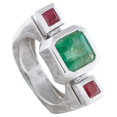 Pre-owned Lb Exclusive 18k White Gold 3.0ct Emerald And Ruby Ring Mf05-030226