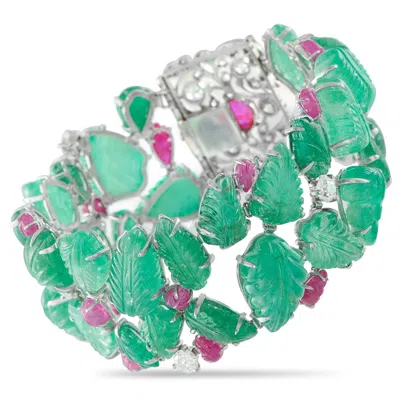 Lb Exclusive 18k White Gold 3.50 Ct Diamond And 110.0 Ct Colored Gemstone Garden Bracelet Mf05-012326 In Green