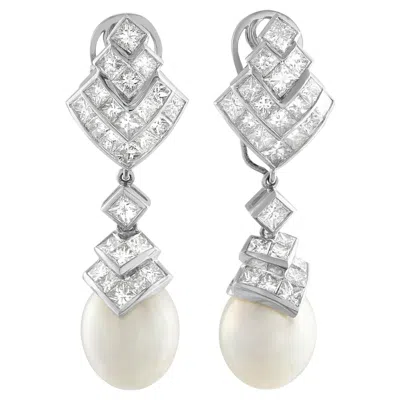 Pre-owned Lb Exclusive 18k White Gold 8.0ct Diamond And Pearl Earrings
