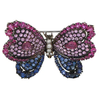 Pre-owned Lb Exclusive 18k White Gold And Silver 0.40ct Diamond, Ruby, And Sapphire Butterfly Brooch