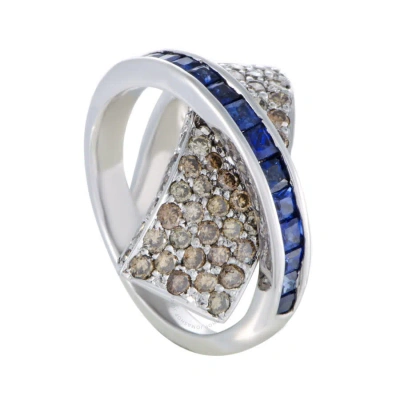 Lb Exclusive 18k White Gold Brown Diamond And Sapphire Criss Cross Ring In Multi-color