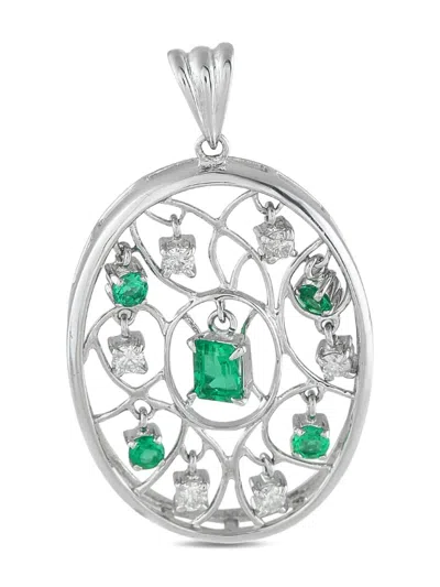 Pre-owned Lb Exclusive 18k White Gold Diamond And Emerald Pendant In Silver