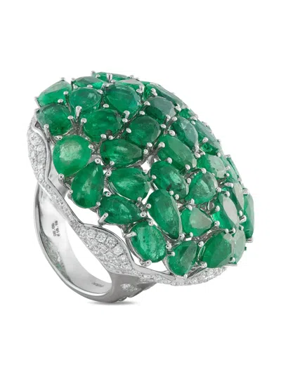 Pre-owned Lb Exclusive 18k White Gold Diamond And Emerald Ring In Silver