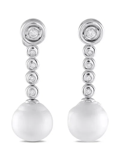 Pre-owned Lb Exclusive 18k White Gold Diamond And Pearl Earrings In Silver