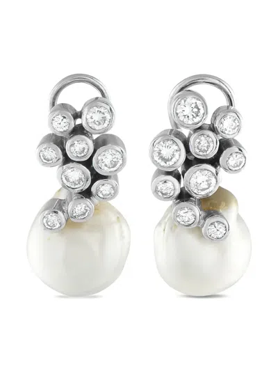 Pre-owned Lb Exclusive 18k White Gold Diamond And Pearl Earrings In Silver