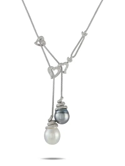 Pre-owned Lb Exclusive 18k White Gold Diamond And Pearl Necklace In Silver