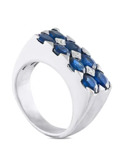 Pre-owned Lb Exclusive 18k White Gold Diamond And Sapphire Ring In Silver