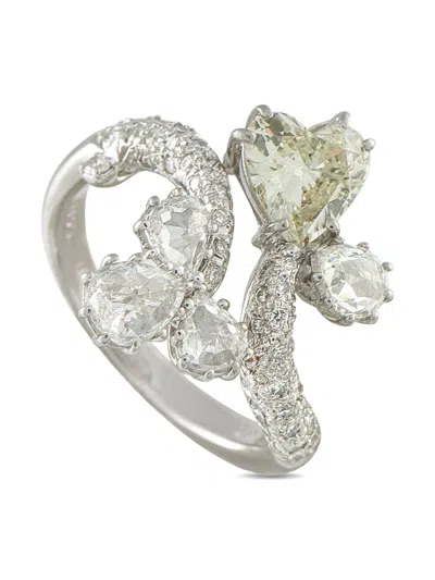 Pre-owned Lb Exclusive 18k White Gold Diamond Cocktail Ring In Silver