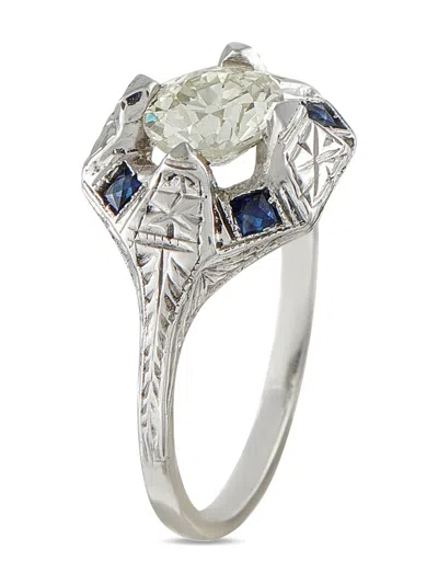 Pre-owned Lb Exclusive 18k White Gold Diamond Sapphire Octagon Ring In Silver
