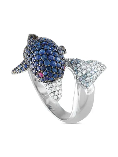Pre-owned Lb Exclusive 18k White Gold Dolphin Sapphire And Diamond Ring In Silver