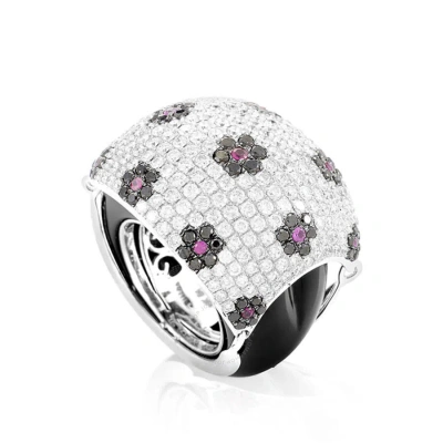 Lb Exclusive 18k White Gold Floral Gemstone Pave Dome Ring In Multi-color