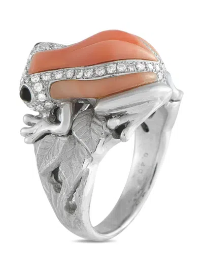 Pre-owned Lb Exclusive 18k White Gold Frog Diamond And Coral Ring In Silver