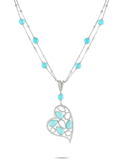 Pre-owned Lb Exclusive 18k White Gold Heart Diamond And Turquoise Necklace In Silver