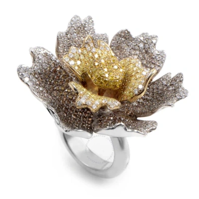 Lb Exclusive 18k White Gold Multi Gold Brown   Yellow Diamond Flower Ring Crr7932 In Multi-color
