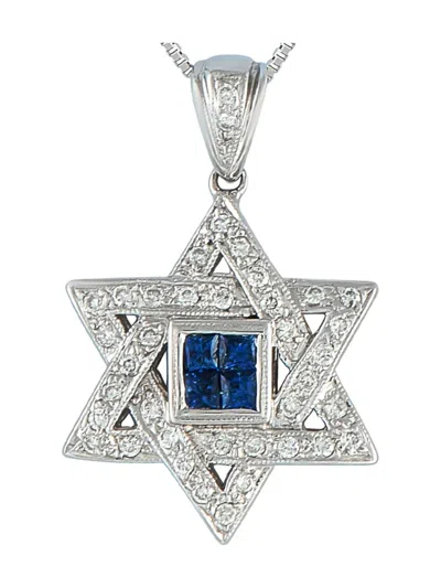 Pre-owned Lb Exclusive 18k White Gold Star Of David Diamond And Sapphire Necklace In Silver