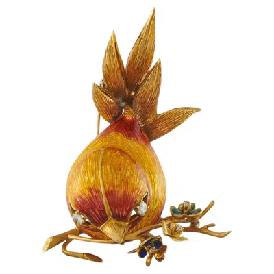 Pre-owned Lb Exclusive 18k Yellow Gold 0.20ct Diamond And Enamel Bird Brooch Mf04-070926
