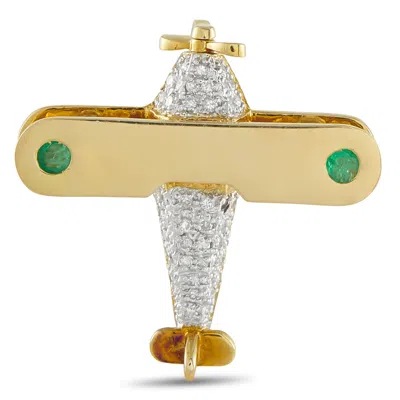 Lb Exclusive 18k Yellow Gold 0.24ct Diamond And Emerald Airplane Brooch Mf08-100325