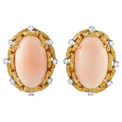 Pre-owned Lb Exclusive 18k Yellow Gold 0.50ct Diamond Coral Cabochon Earrings Mf29-062526