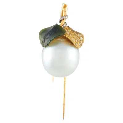Pre-owned Lb Exclusive 18k Yellow Gold 0.50ct Fancy Diamond, Nephrite Jade, And Baroque Pearl Brooch