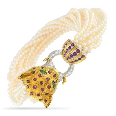 Lb Exclusive 18k Yellow Gold 0.78ct Diamond, Ruby, Emerald, And Pearl Lion Head Multi-strand Bracelet Mf13-081925